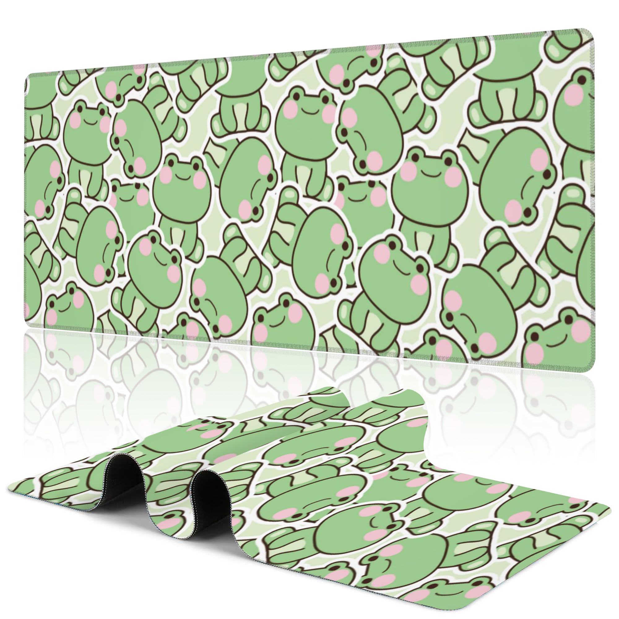 Uiaoiais Kawaii Frog Gaming Mouse Pad,Green Cute Desk Mat,31.5"X15.7" Large Desk Pad with Stitched Edge Non-Slip Base Keyboard Big Mouse Pad for Office Home Work Gaming