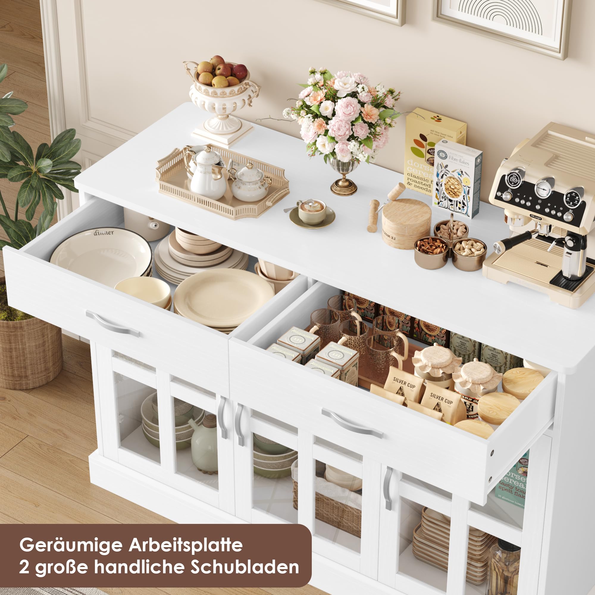FirFurd Küchenschrank, Sideboard mit 3 Glastüren & Schubladen Buffetschrank