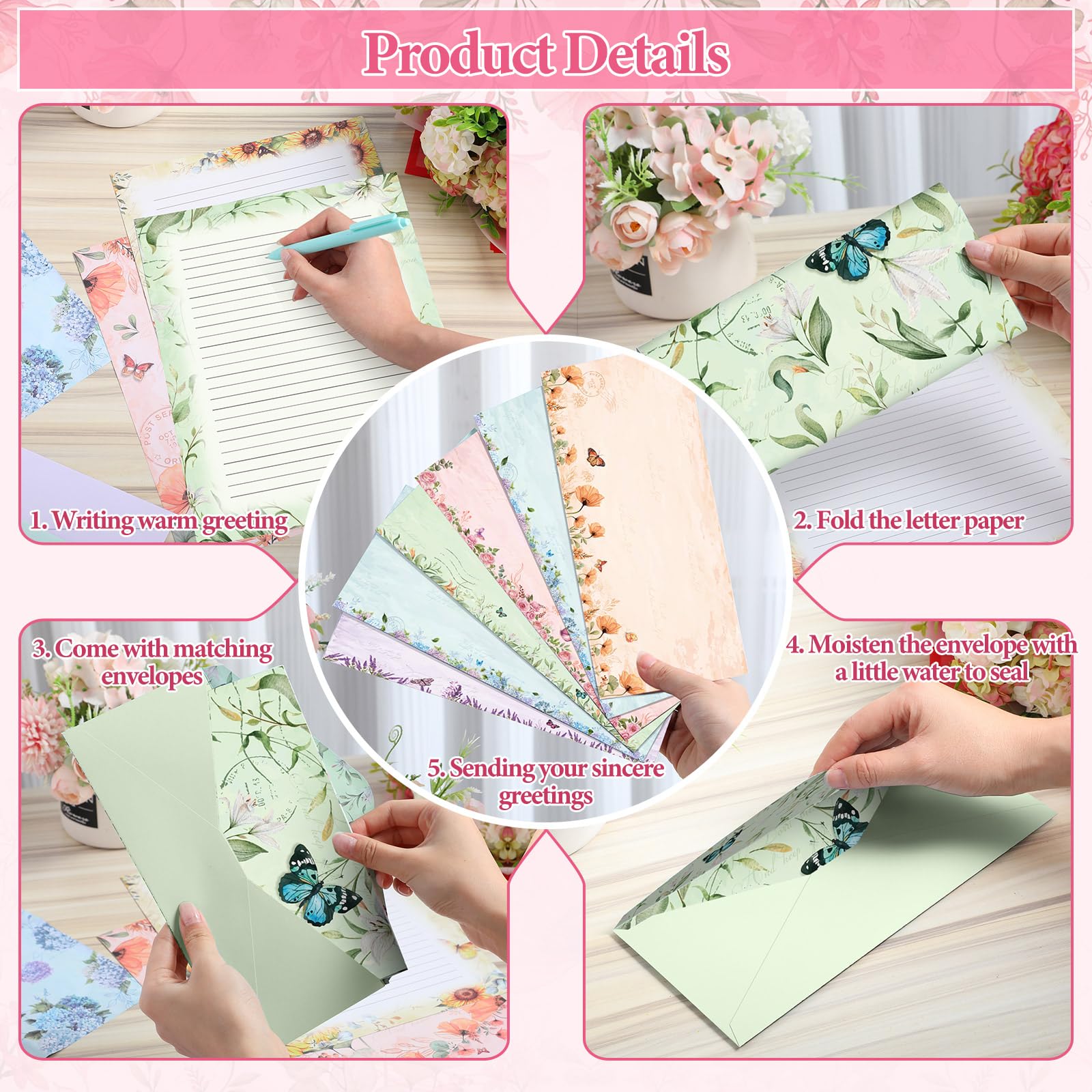 Funrous Juego de 90 piezas de papel estacionario y sobres, 60 hojas de papel de carta floral y 30 sobres, hoja de escritura rayada de 8.5 x 11 pulgadas para primavera, boda, vacaciones, fiestas