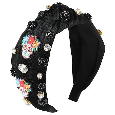 Halloween Skull Headband for Women Black Knotted Velvet Headband Wide Top Knot Crystal Rose Flower Embellished Hairband Halloween Hair Accessories Spooky Costume Gifts