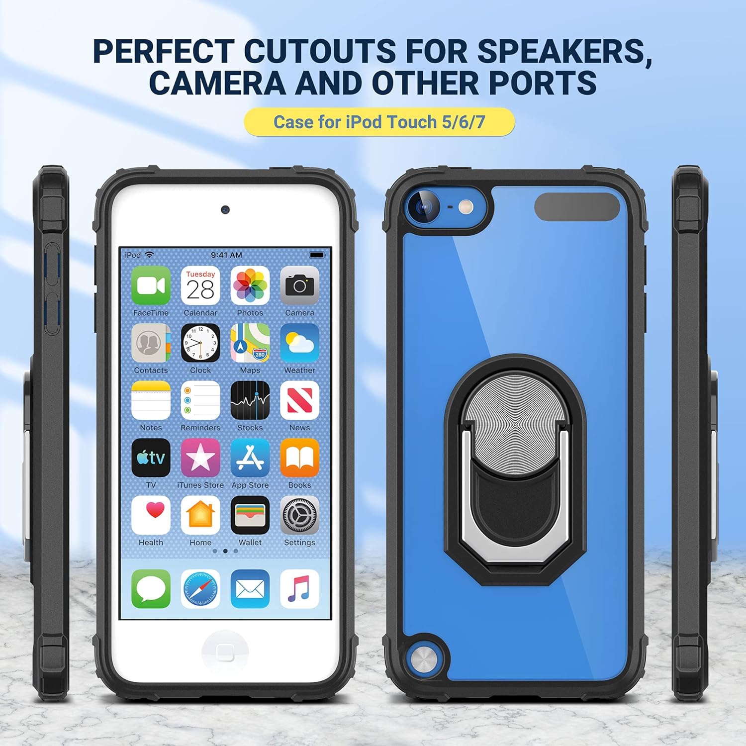 ULAK Compatible with iPod Touch 7th Generation Case with Screen Protector, Clear Back Cover with Build in Kickstand, Heavy Duty Hard Shell Case for Apple iPod Touch 7th/6th/5th Gen, Black : Electronics