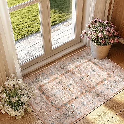 Miniatura 27 de jinchan Alfombra de área lavable de 2 x 3, alfombra vintage floral para puerta de interior, con antideslizante, alfombra pequeña de pelo bajo