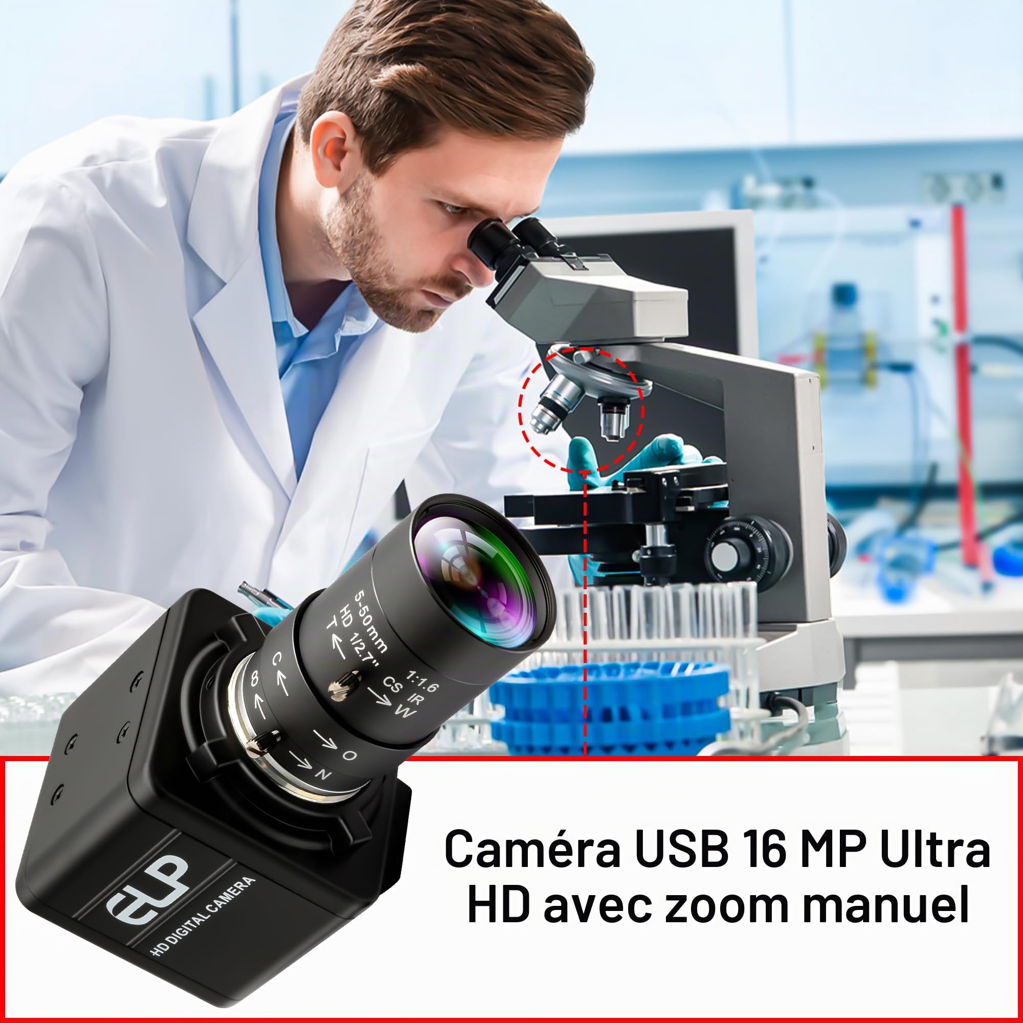 ELP Caméra USB 16 mégapixels haute résolution 5K USB avec monture CS 5-50 mm Objectif Varifocus manuel Gros plan OpenCV Caméra pilote gratuit pour Windows Linux Laptop Jetson Nano