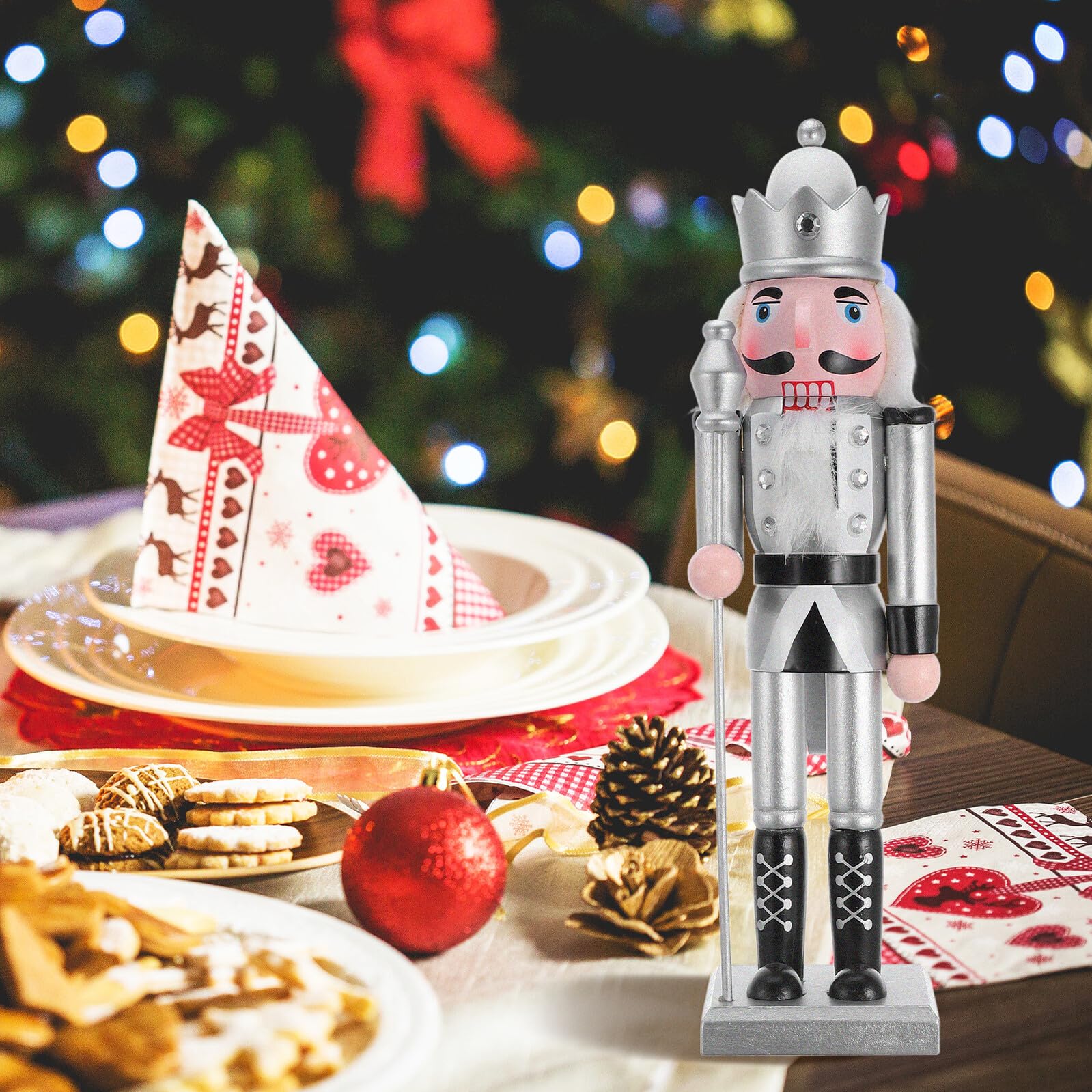 Ciieeo Statuetta Schiaccianoci Re Scettro Argento Figure Natalizie in Legno Ornamento da Tavolo per Feste di Natale e Decorazioni Festive