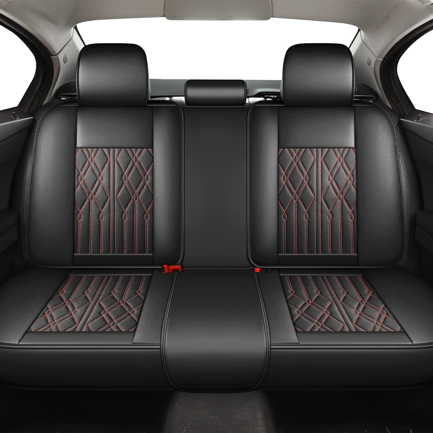 Huidasource Leather Back Row Seat Covers, Waterproof Rear Split Bench Car Seat Covers, Vehicle Seat Cushion Cover Protector Universal Fit for Most Cars Sedan SUV Pickup Truck(Back Row Black&Red)