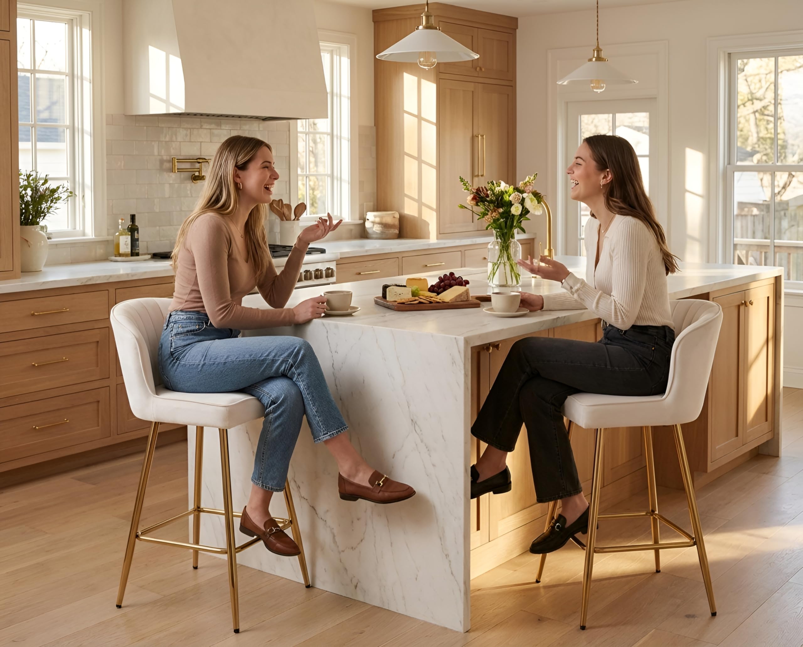 Ya-Home Set di 2 Sgabelli da Bar in Velluto con Gambe in Metallo Dorato, Beige