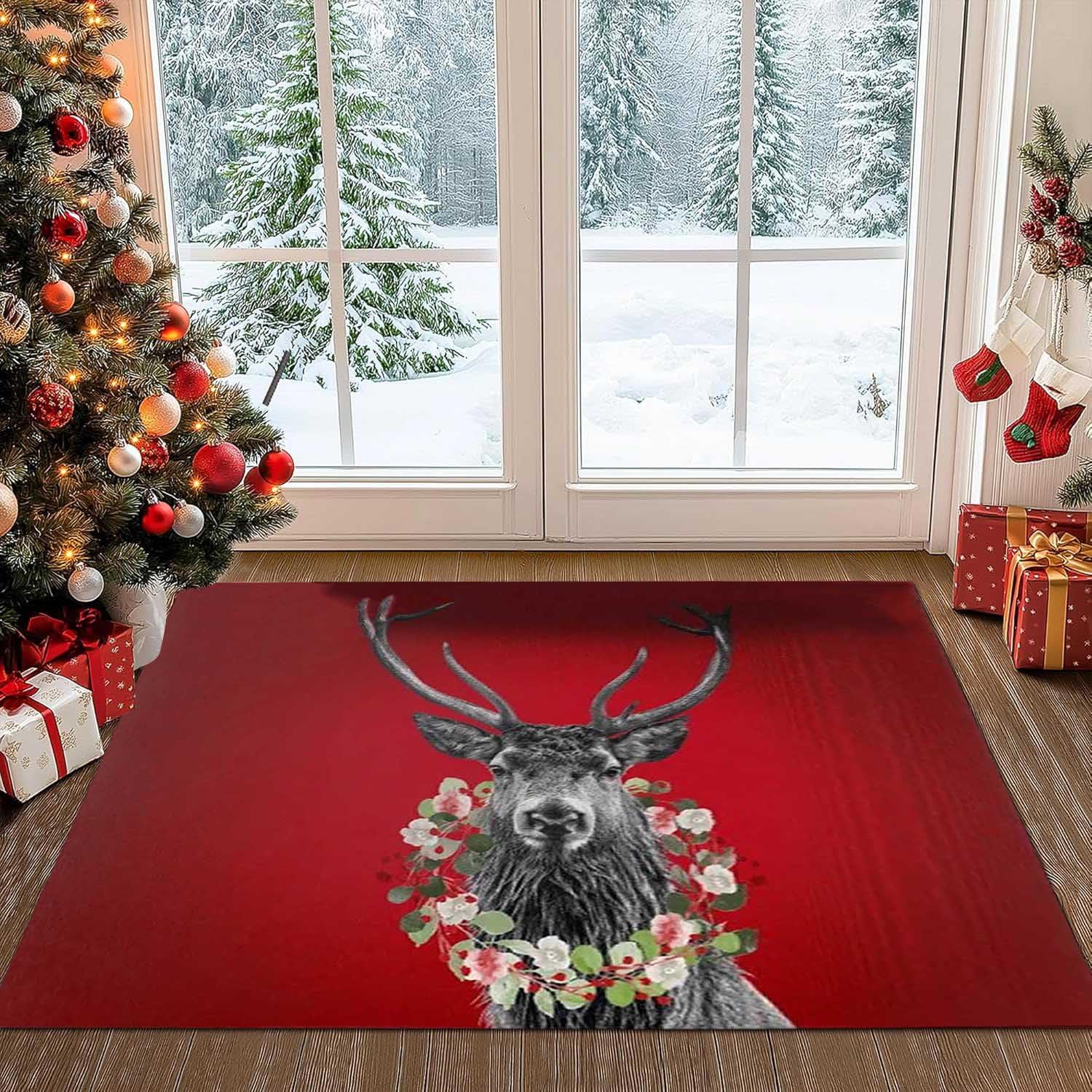 Alfombra de Navidad con Patrón de Alce, Grande Alfombras Lavables Salon de Navidad, Alfombras Comedor Decorativa, Alfombra Antideslizante Cocina Navideño, Alfombra Roja de Navidad,140x200cm