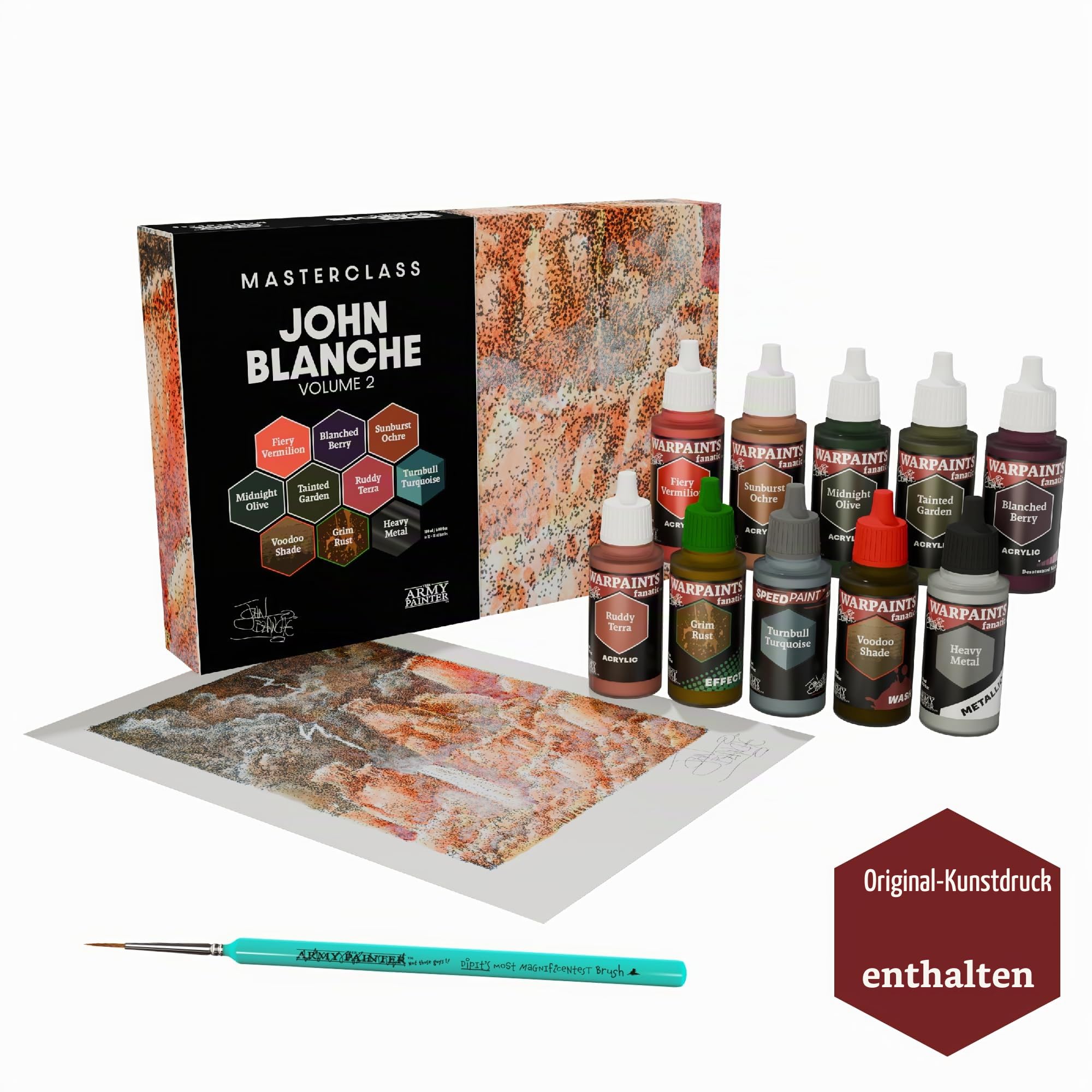 The Army Painter, Masterclass John Blanche Volume 2 Combo, 10x18ml Farbe | Acrylfarben inkl. 6 Warpaints Fanatic, 1 Speedpaint, 2 Washes, 1 Metallic, 1 Effect, 1 Print & 1 Pinsel - Miniaturspiele