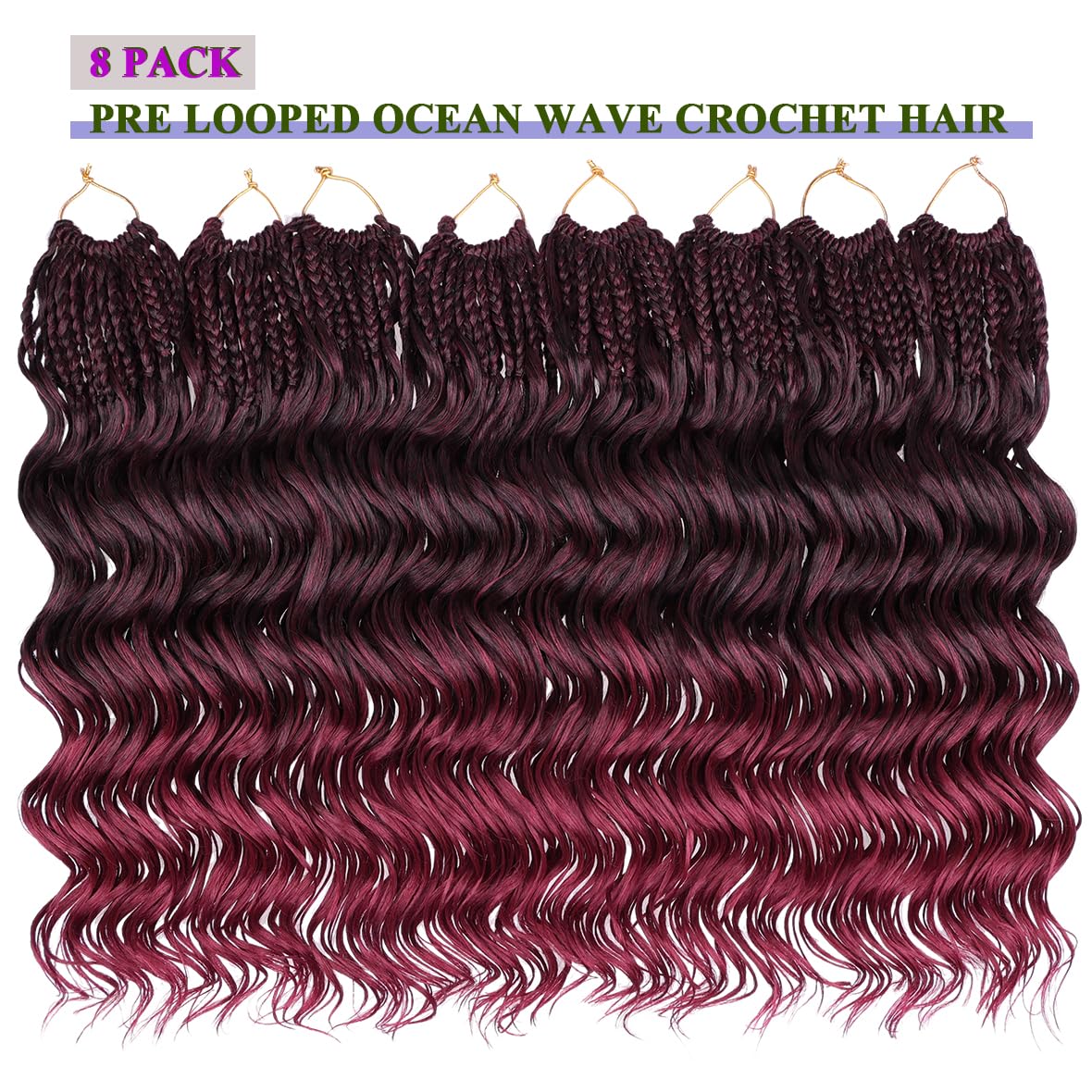 Kachanaa 14 Inch Pre Looped Ocean Wave Crochet Hair 8 Pack Curly Boho Ocean Braids Ombre Burgundy Pre Twisted Synthetic Deep Wavy Twist Hair TBUG# - Image 4