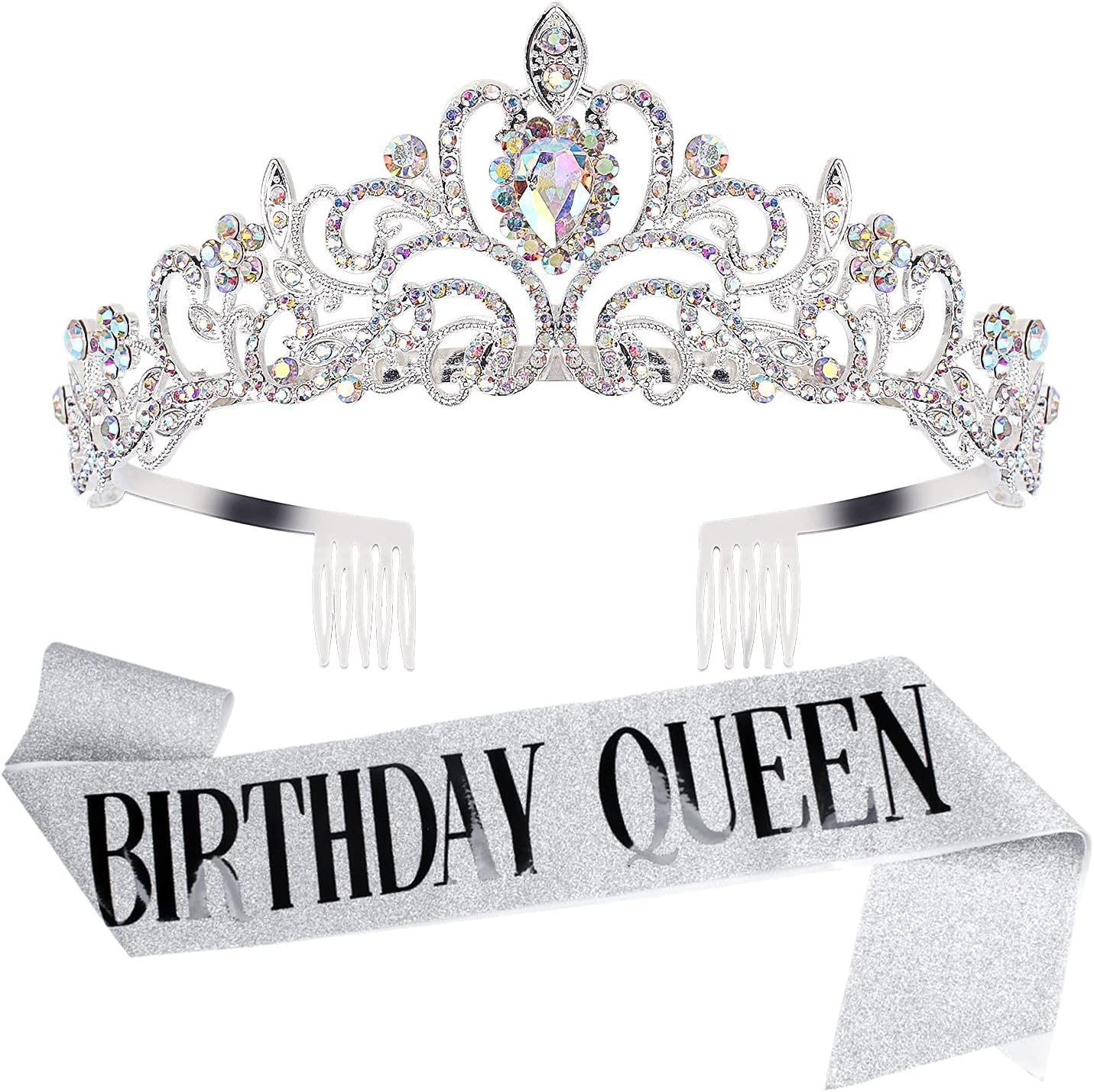 COCIDE Birthday Silver Tiara and Crowns Kit - Silver Tiara, Crown, Sash, Rhinestone Headband, Glitter Sash for Women & Girls Birthday Party Decorations