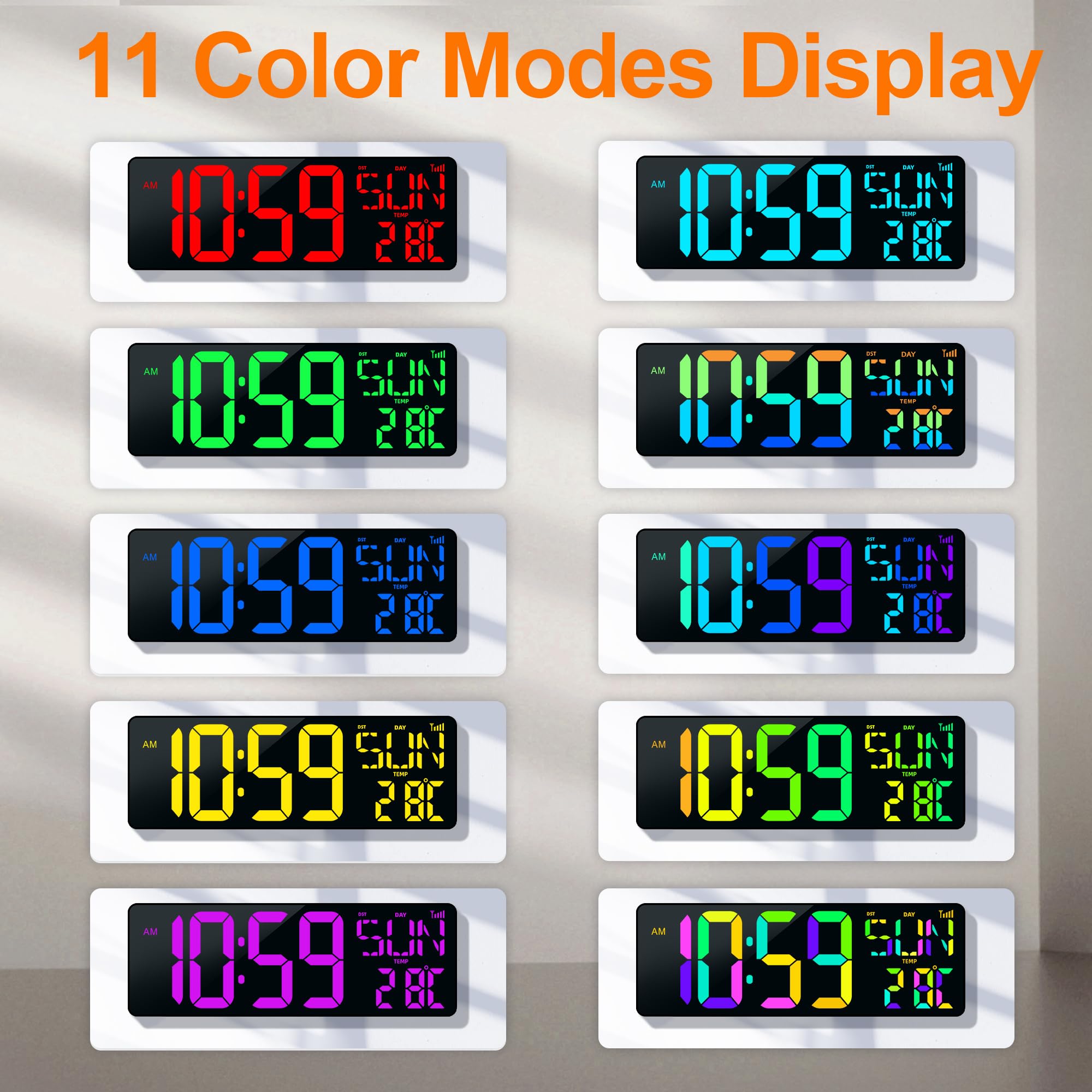 KRSTIR Large Digital Wall Clock with Remote Control 17.2" LED Large Display Timer with Temperature Date Week Auto DST Adjustable Brightness - Image 3
