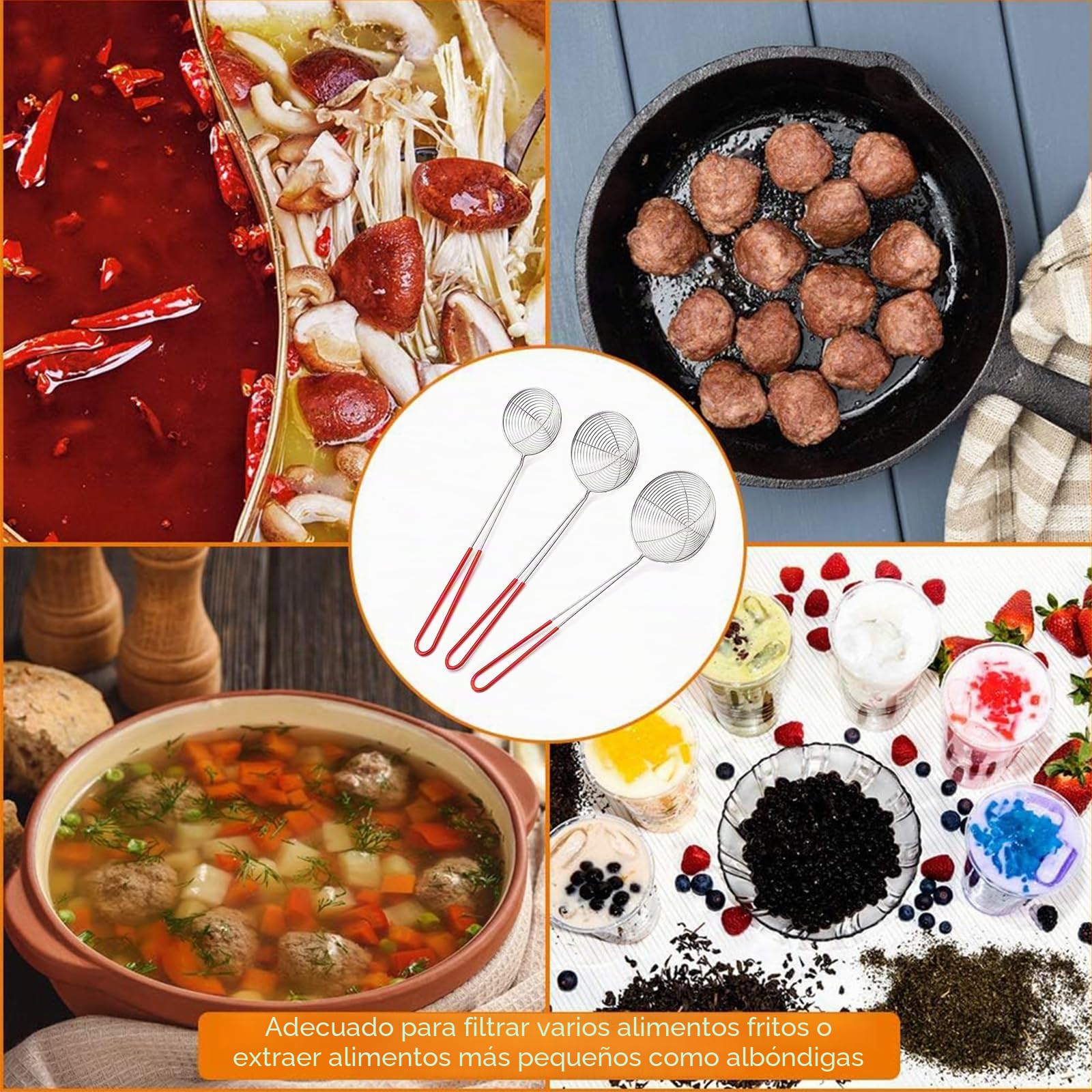 Juego de 3 Coladores de Acero Inoxidable Colador de Araña Cuchara de Malla | Fabricado con Cocina Cocina Pasta Ranurada Freír, ideal para uso diario y múltiples escenarios de aplicación