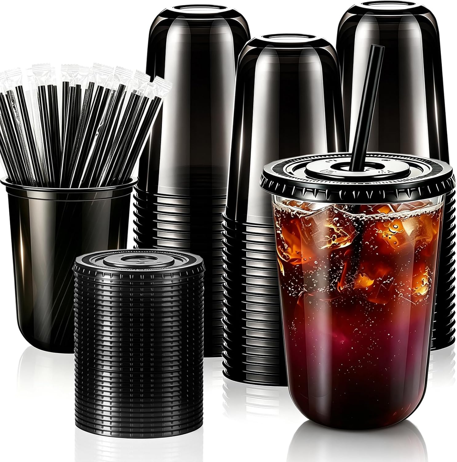 100 Set 16oz Plastic Cups with Lids and Straws,PET Disposable Black Clear Round Bottom Iced Coffee Cups with Lids, To Go Cups for Cold Drinks,Iced Coffee,Smoothie, Milkshake,Party Supplies