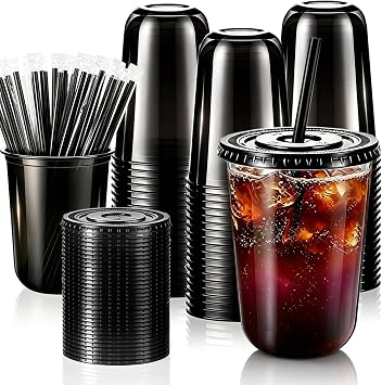 100 Set 16oz Plastic Cups with Lids and Straws,PET Disposable Black Clear Round Bottom Iced Coffee Cups with Lids, To Go Cups for Cold Drinks,Iced Coffee,Smoothie, Milkshake,Party Supplies