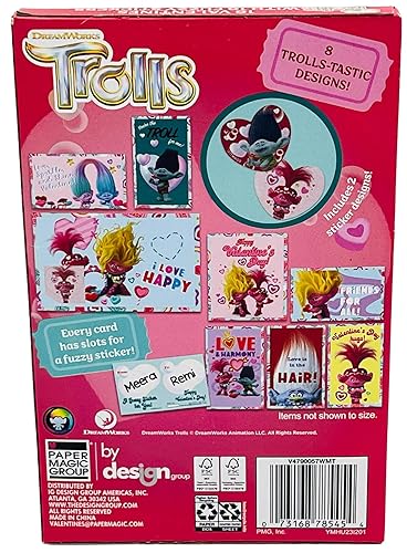 Miniatura 3 de Trolls - 16 tarjetas de San Valentín con dijes, piruletas, minipops, calcomanías peludas, 48 sellos de calcomanías de corazón y (1) paquete de