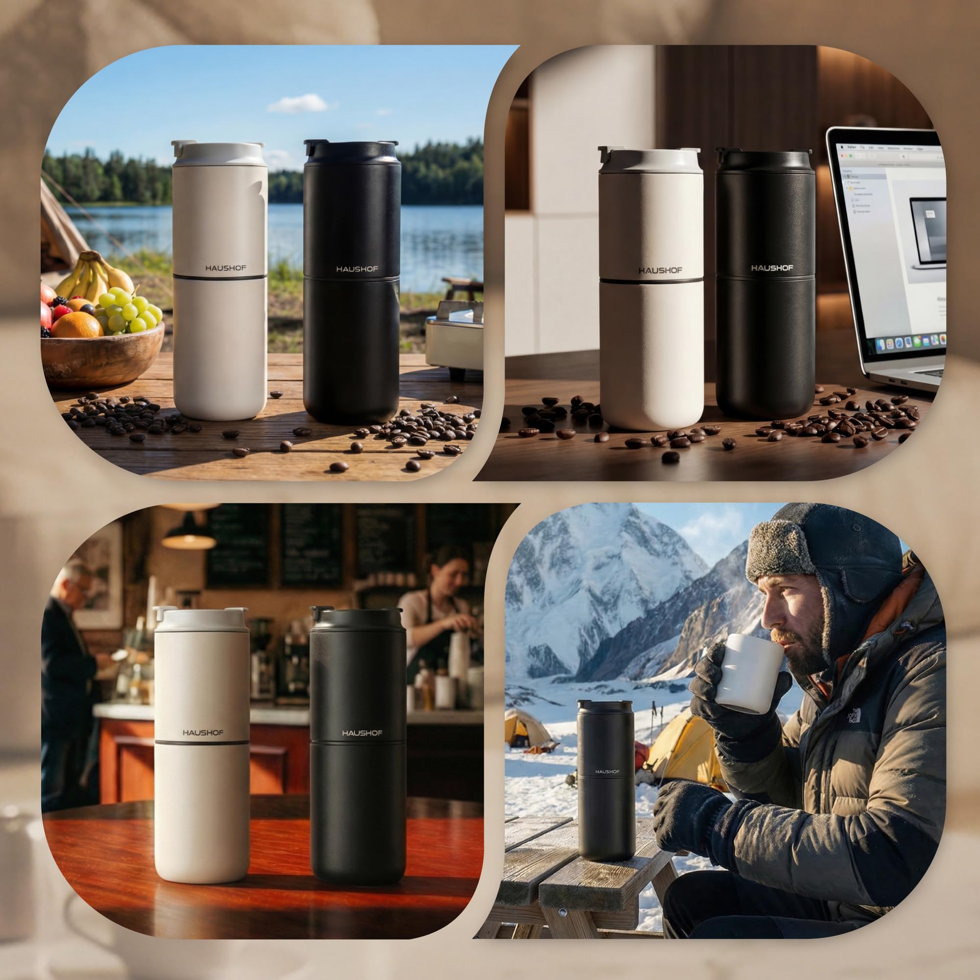 HAUSHOF Machine à Café Portable Pour-Over Tout-en-Un | Moulin Intégré, Mug Isotherme Indépendant 400 ml, Sans Fil, 4-en-1 Grind & Brew, Idéale pour Voyage et Camping, Noir