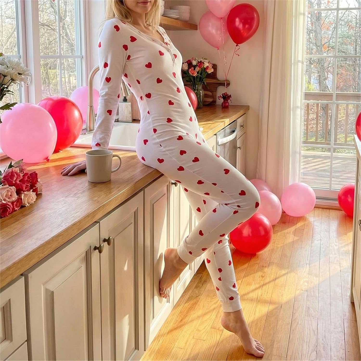 iTranyee Women Bodycon Pajama Jumpsuit V Neck Heart Print Onesie Pajama Sexy One Piece Button Down Valentines Bodysuit - Image 4