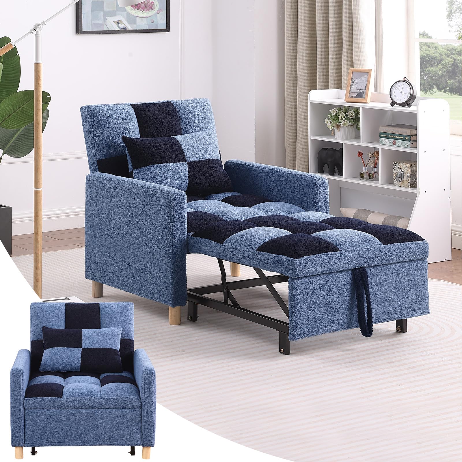 Sleeper Chair Bed - Convertible Single Sofa Chair Bed with Pillow,Pull Out Sleeper Bed with Adjustable Backrest,Multi-Functional Lounge Chair with