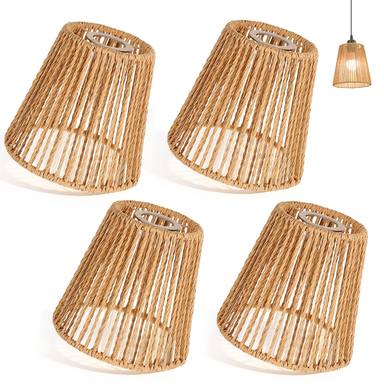 Boho Rattan Lampenschirm, 4 Stück E27 Lampenschirme für Tischlampe Hängelampe Stehlampe Deckenleuchte Papierlampenschirm Papier Ersatzschirm für Stehlampe Deckenlampe 14 x 14 cm