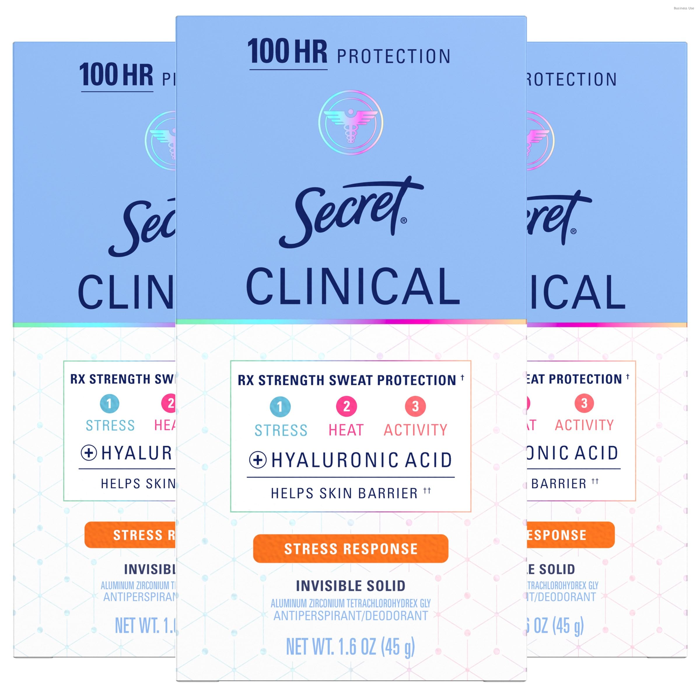 Photo 1 of ** only comes with one pack **
Secret Clinical Strength 100HR Sweat & Odor, Stress Response Invisible Solid Antiperspirant Deodorant for Women, 3X Stress Protection with Hyaluronic Acid, PH Balanced, 1.6 oz