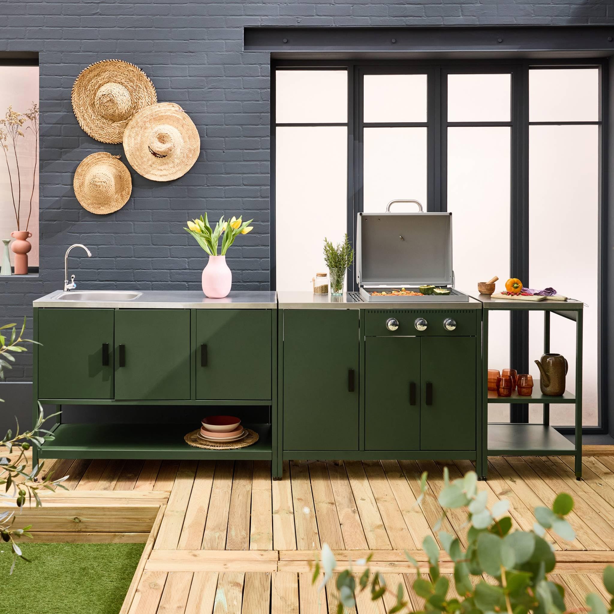Cucina da esterno 3 moduli con barbecue a gas 3 bruciatori su piedi, termometro Verde - 100x51x87.5 cm