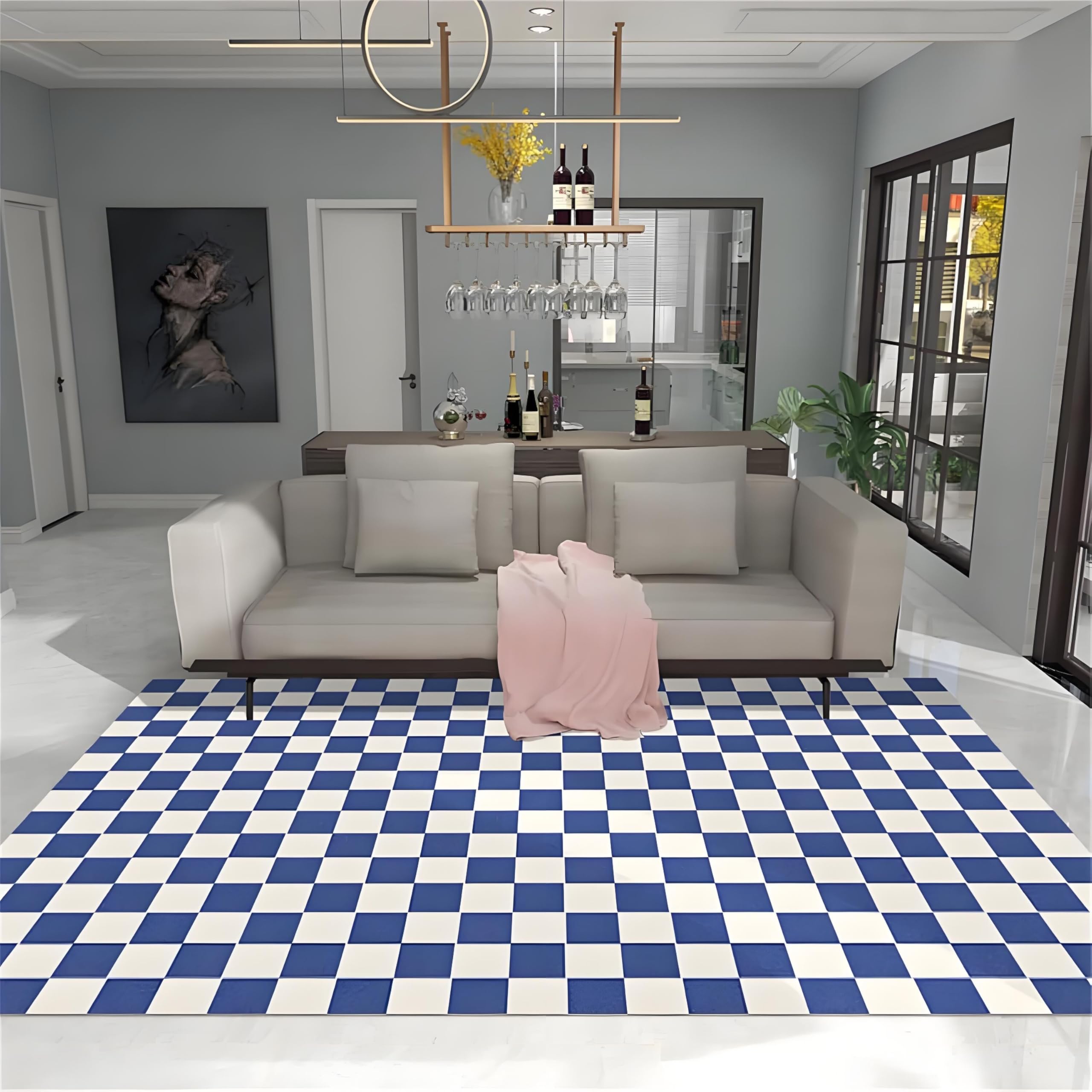 YHUERC Full Size Simple Blue Checkered Area Rug, 180x260cm Checkers Checkerboard Pattern, Modern Geometric Living Room Decor Non-Slip Washable Play Mats, for Living Room Kids Bedroom Playroom Rug.