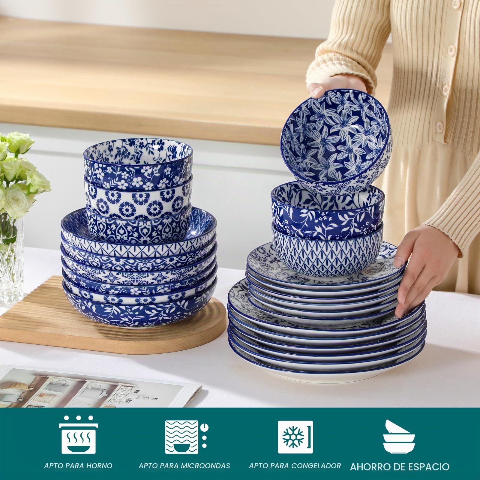 vancasso SELENE - Juego de platos y cuencos para 6, juegos de vajilla de 24 piezas, juego de platos aptos para microondas y lavavajillas, vajilla azul porcelana