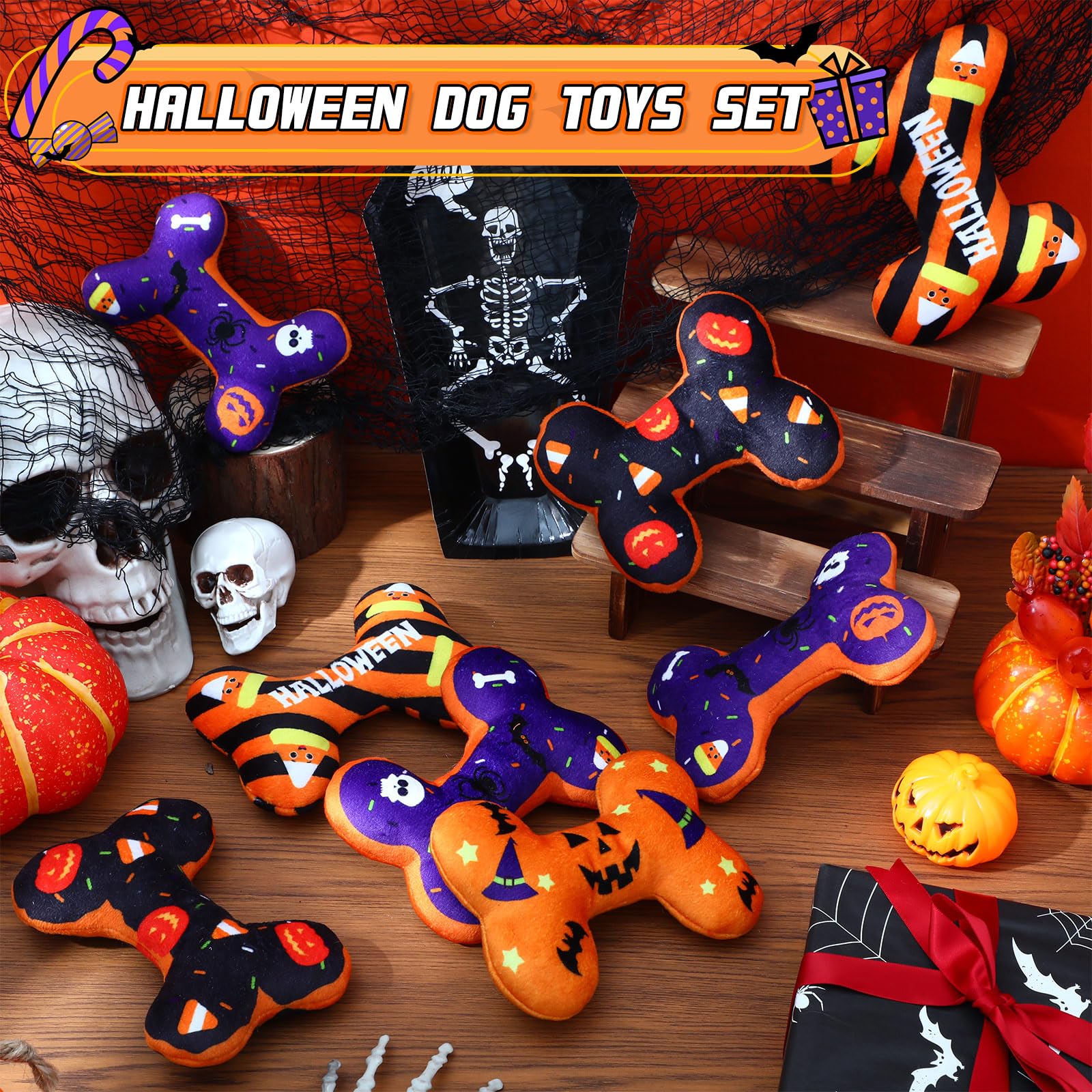 Halloween-Hundespielzeug, Kauspielzeug, quietschendes Knochenplüschtier für Hunde, langlebig, niedlich, interaktiv, gefüllt, mit Quietscher, ideal zum Spielen, Training und Zahnreinigung