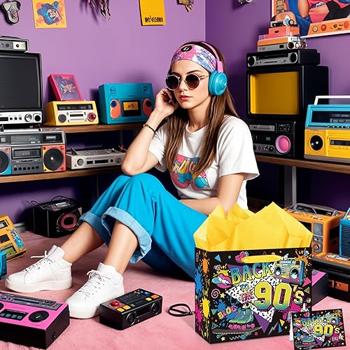 Miniatura 5 de Bolsa de regalo de cumpleaños de los años 90 para hombres y mujeres, bolsas de recuerdos de fiesta temática retro de los años 90 con papel de seda y