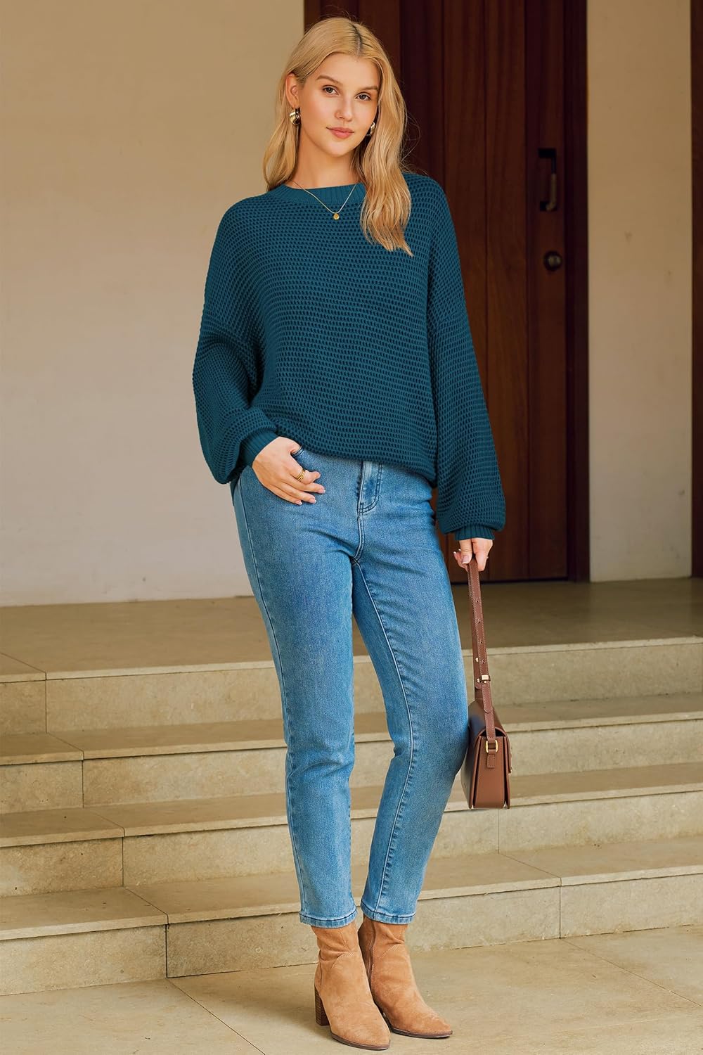 Arach&Cloz Women's Wool Blend Crewneck Fall Trendy Oversized Waffle Sweaters 2025 - Image 5