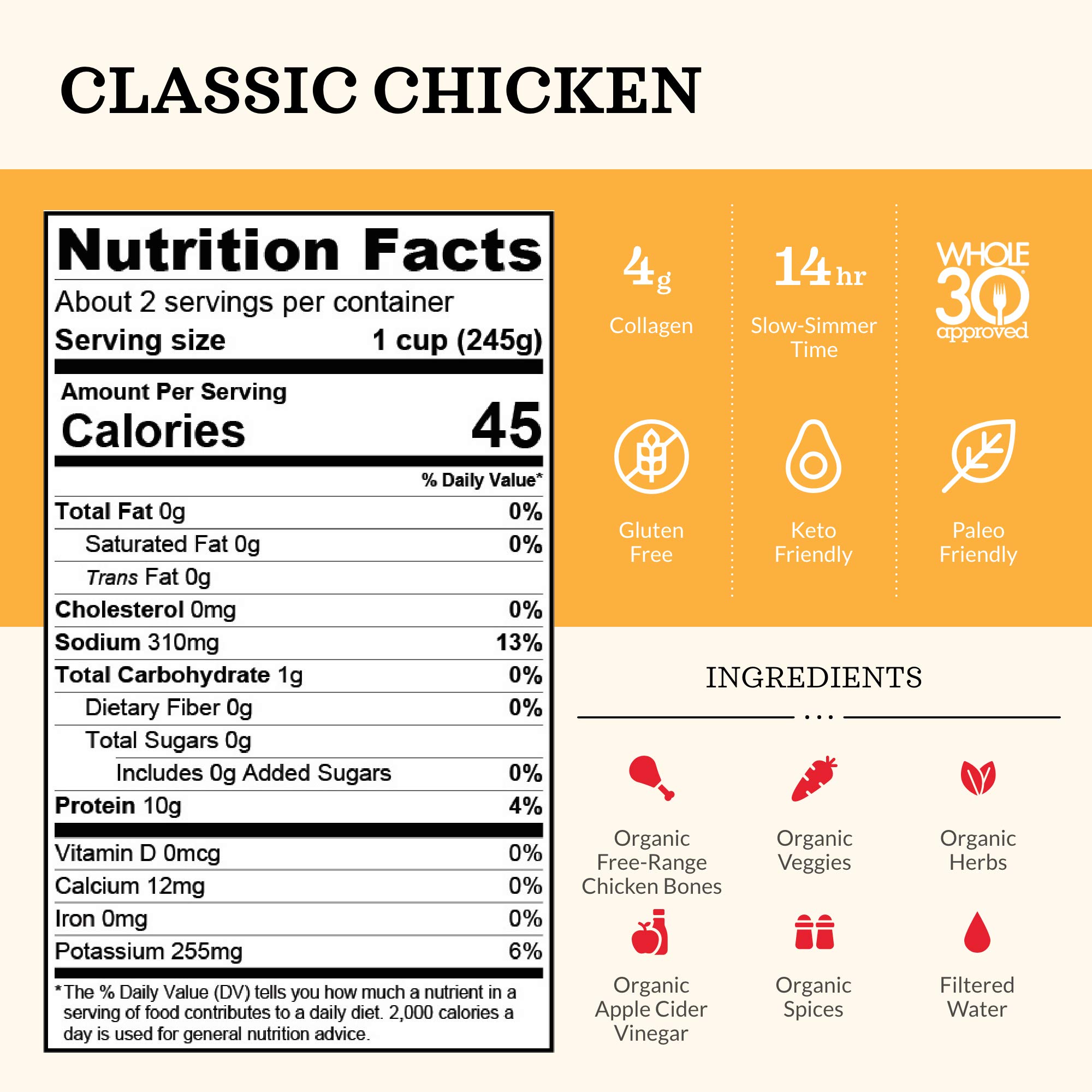 Chicken Bone Broth Soup by Kettle and Fire, Pack of 4, Keto Diet, Paleo Friendly, Whole 30 Approved, Gluten Free, with Collagen, 10g of protein,16.9 Oz (Pack of 4)
