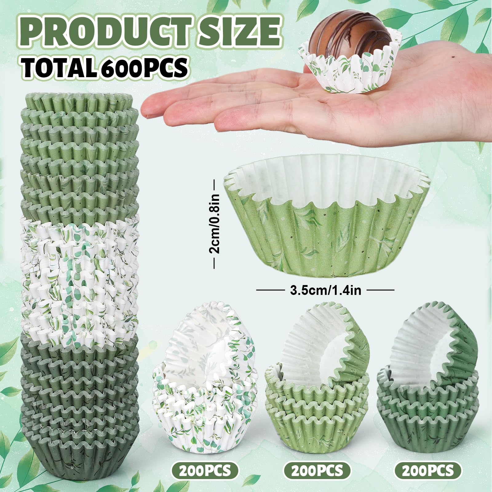 Whaline 600Pcs Greenery Mini Cupcake Liners Eucalyptus Olive Leaf Cupcake Wrappers Sage Green Wedding Baking Cups for Baby Shower Bridal Shower Wedding Birthday Party Supply