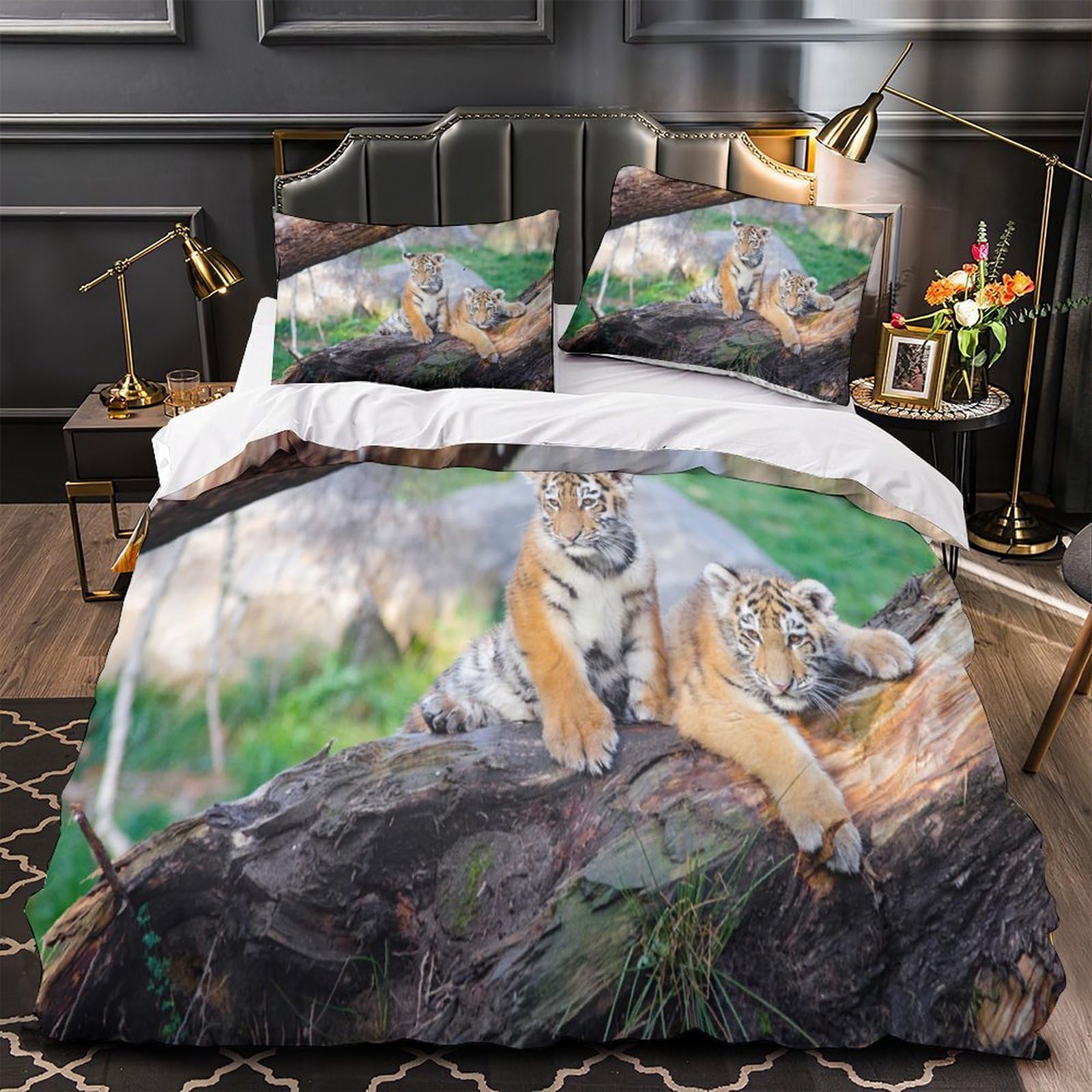 MMDASBVPE Tiger Cubs Comforter Cover 3D Print Hypoallergenic 3PCs Bed Linen Hidden Zipper Wildlife Nature Scene Quilt Cover Extra Soft Durable for Teens Youth Adults Women Kids Boys Single（135x200cm）
