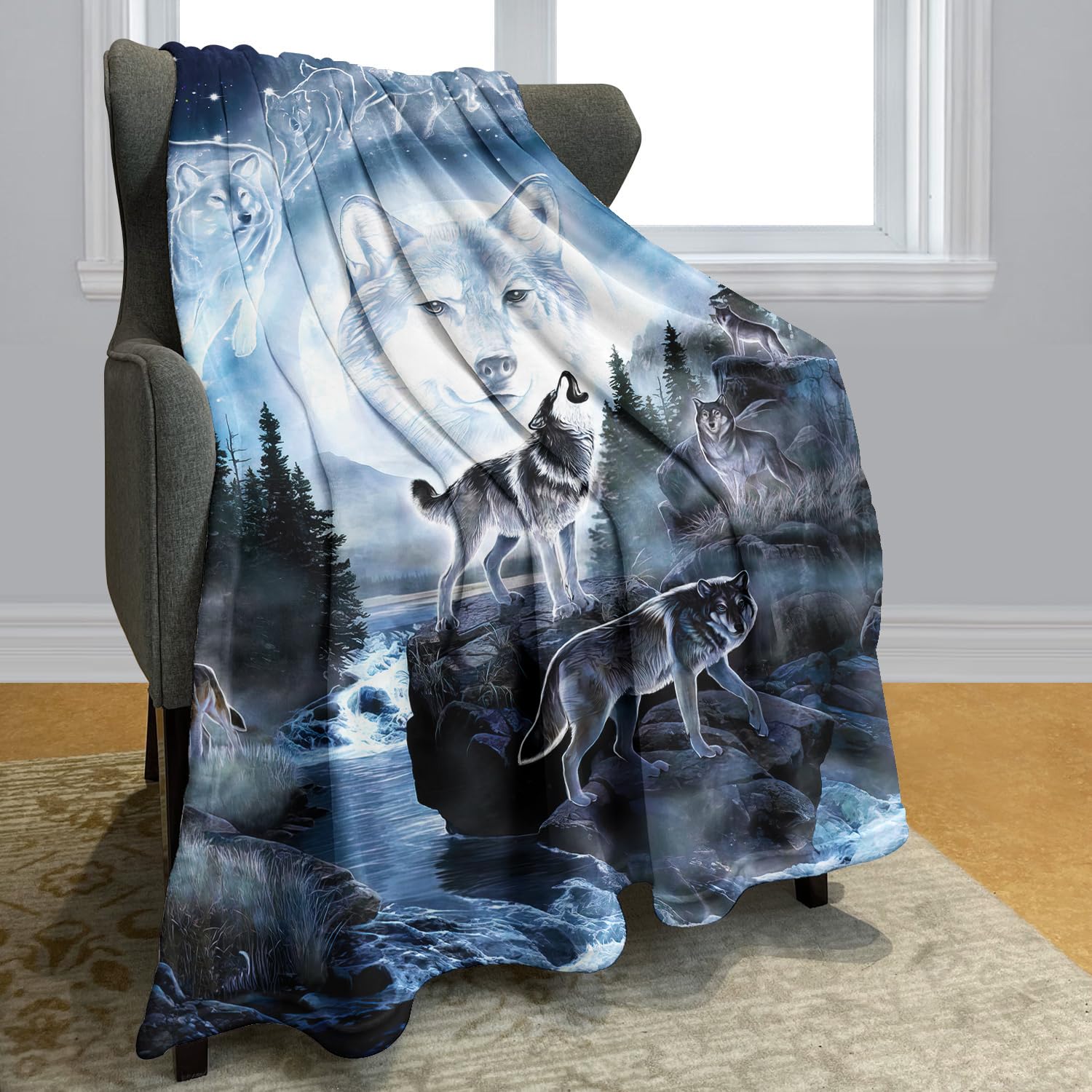 YISUMEI Decke 150x200 cm Kuscheldecken Sanft Flanell Weich Fleecedecke Bettüberwurf Mond Wolf