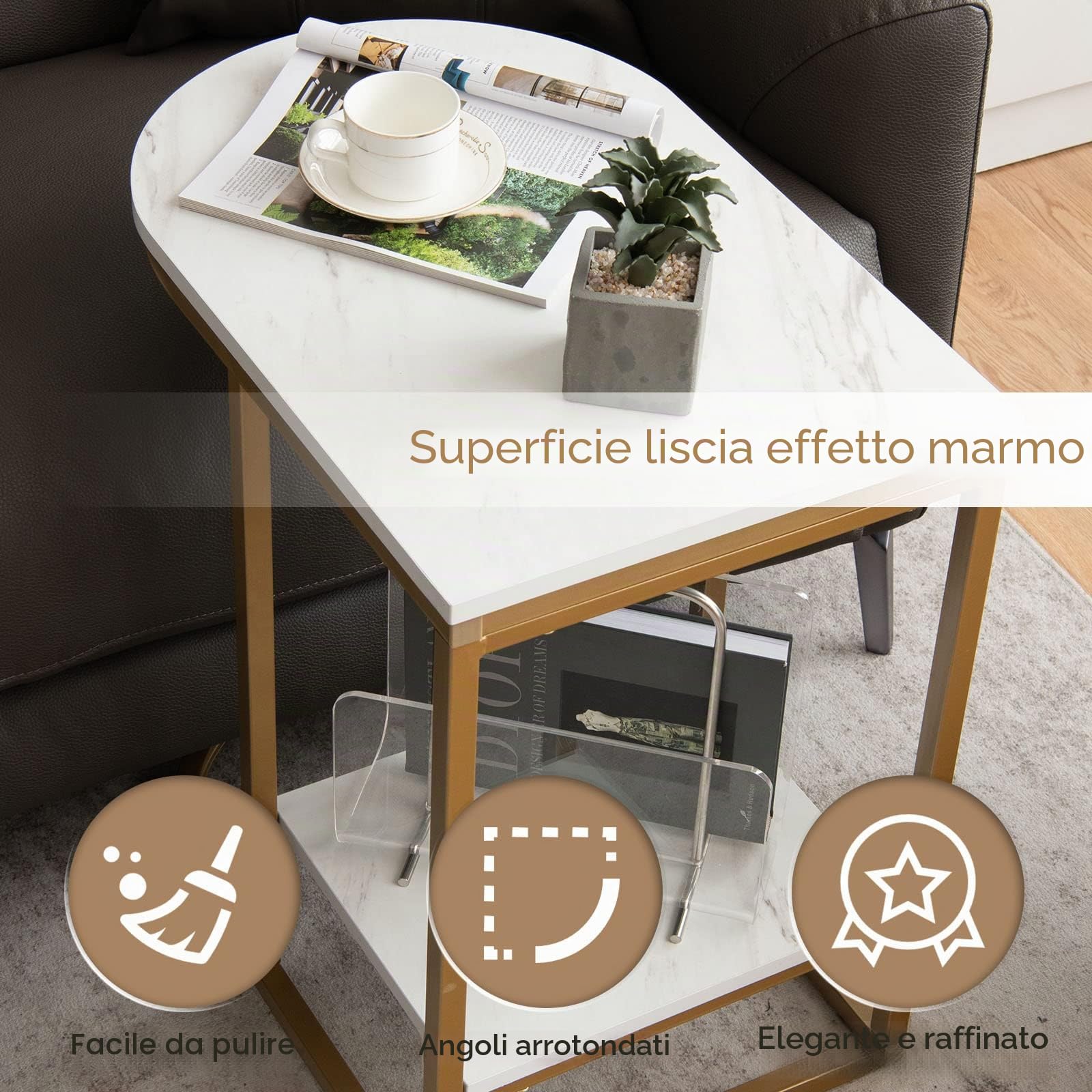 LIFEZEAL Tavolino effetto marmo, tavolino da caffè oro, divano a forma di C con ripiano, tavolo da soggiorno con struttura in metallo, tavolo laterale per soggiorno, camera da letto e ufficio, moderno