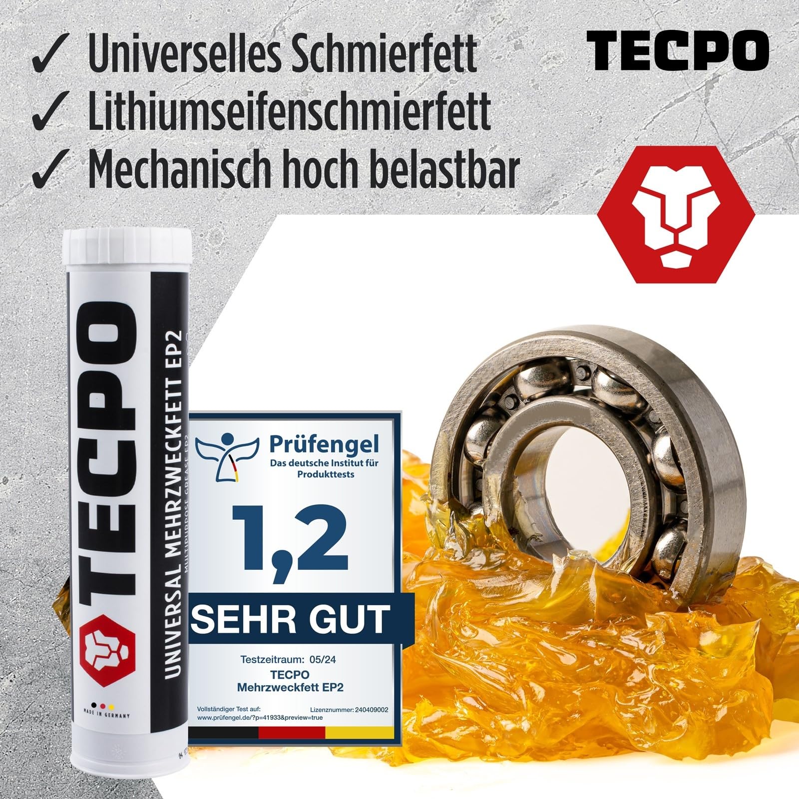 TECPO - Grasa universal multiusos (400 g), cartucho de grasa de litio, grasa universal, lubricación de coche, resistente al agua
