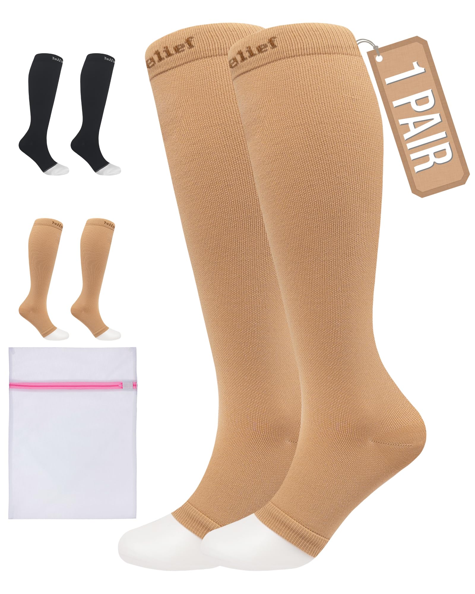 Compression Socks for Women & Men - Open Toe Graduated Compression Stockings, Flight Socks, Running, Nurses, Maternity, Pregnancy + Laundry Bag