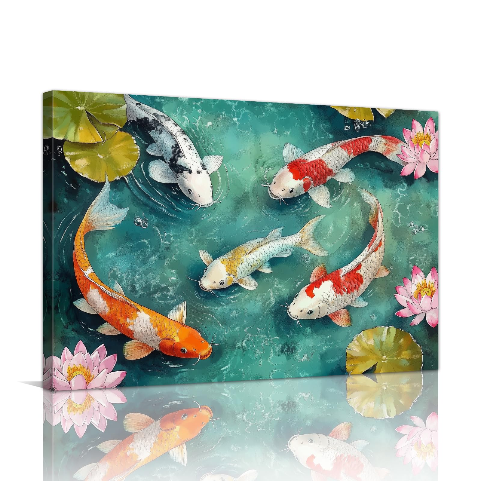 Fish Canvas Wall Art Koi Fish Pictures Wall Decor Lotus Poster Prints Animal Paintings for Living Room Bedroom Bathroom Decor Framed(Artwork,12L x 18W)
