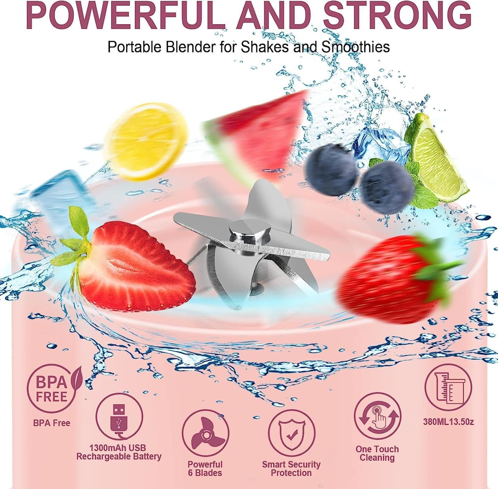 Mixeur portable, capacité de 500 ml, mixeur USB portable avec 6 lames, bouteille transparente, mini mélangeur de fruits pour la maison, la voiture, l'école ( rose