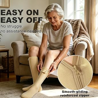 CASMON 2 Pairs Zipper Compression Socks for Women & Men,15-20 mmHg Closed Toe Knee High Support Sock for Varicose Vein Edema