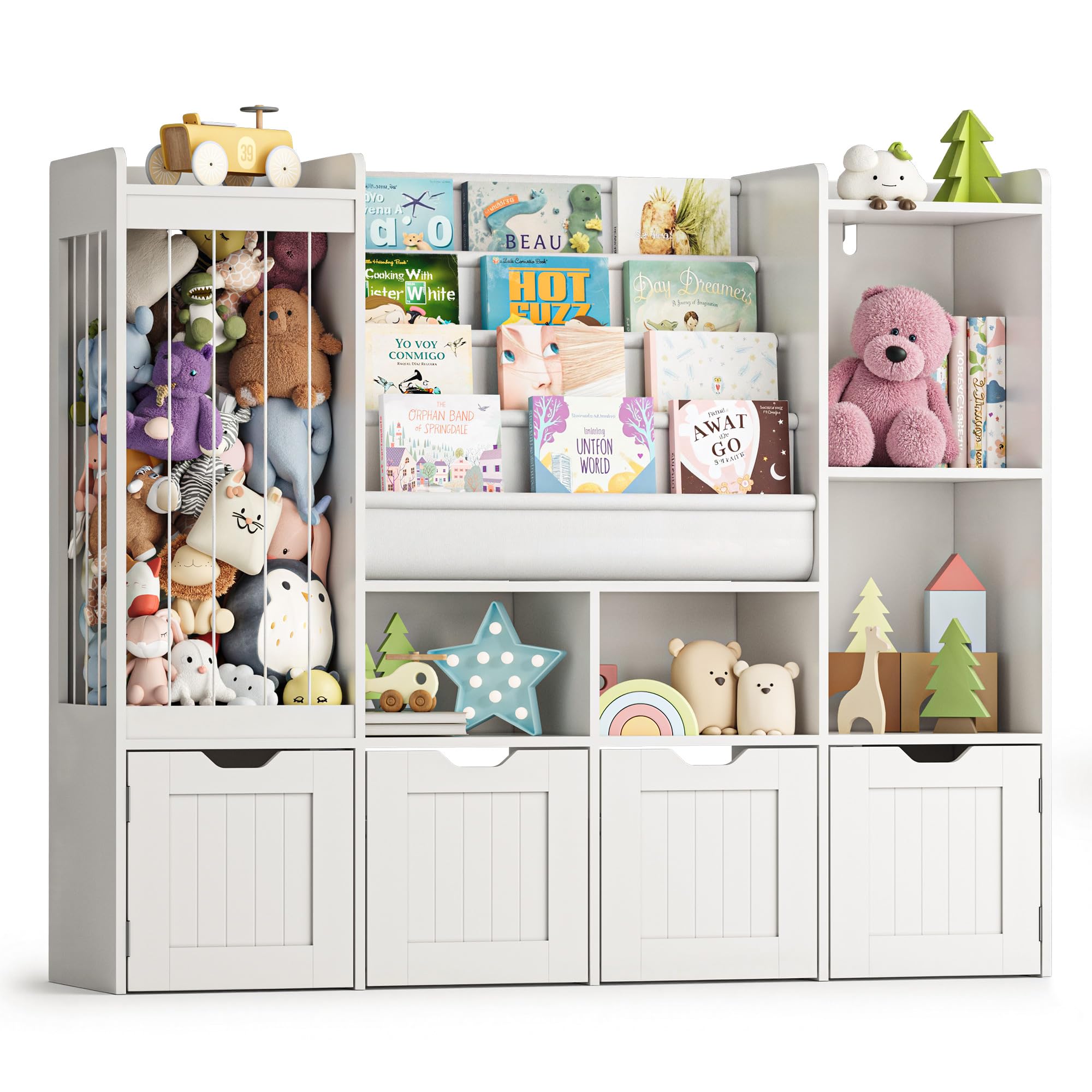 Pamapic Kinderregal, Bücherregal Kinder mit Kuscheltier Aufbewahrung, 2 Herausnehmbare Schubladen, Spielzeug Aufbewahrung mit 4 Offene Regale, Kinderzimmer Möbel für Kinderzimmer, 120x30x100cm, Weiß