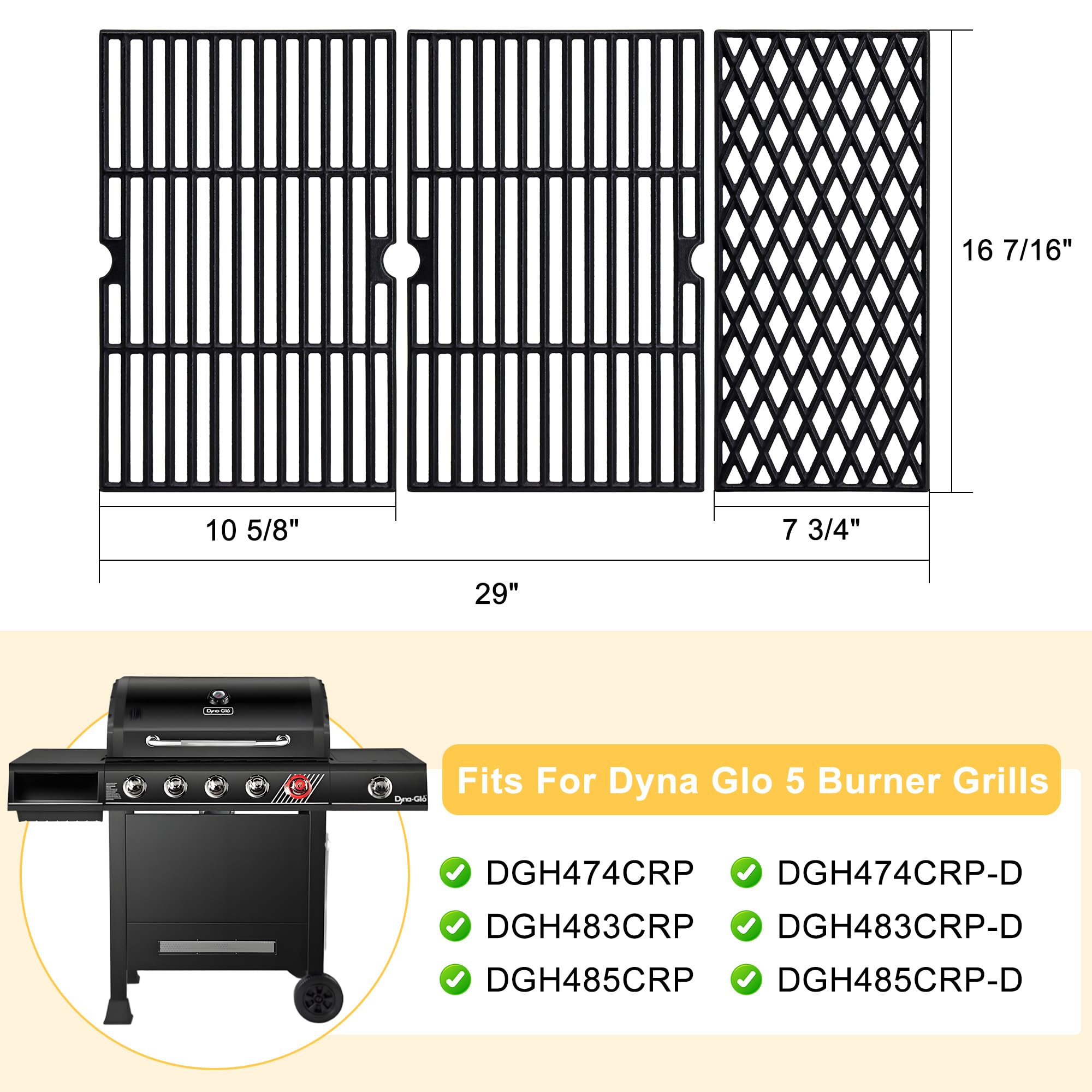 Piezas de repuesto para parrilla Dyna Glo de 5 quemadores DGH474CRP, DGH483CRP, DGH485CRP, bandeja de grasa ajustable, rejillas de cocción de hierro fundido, placas de calor y quemadores para