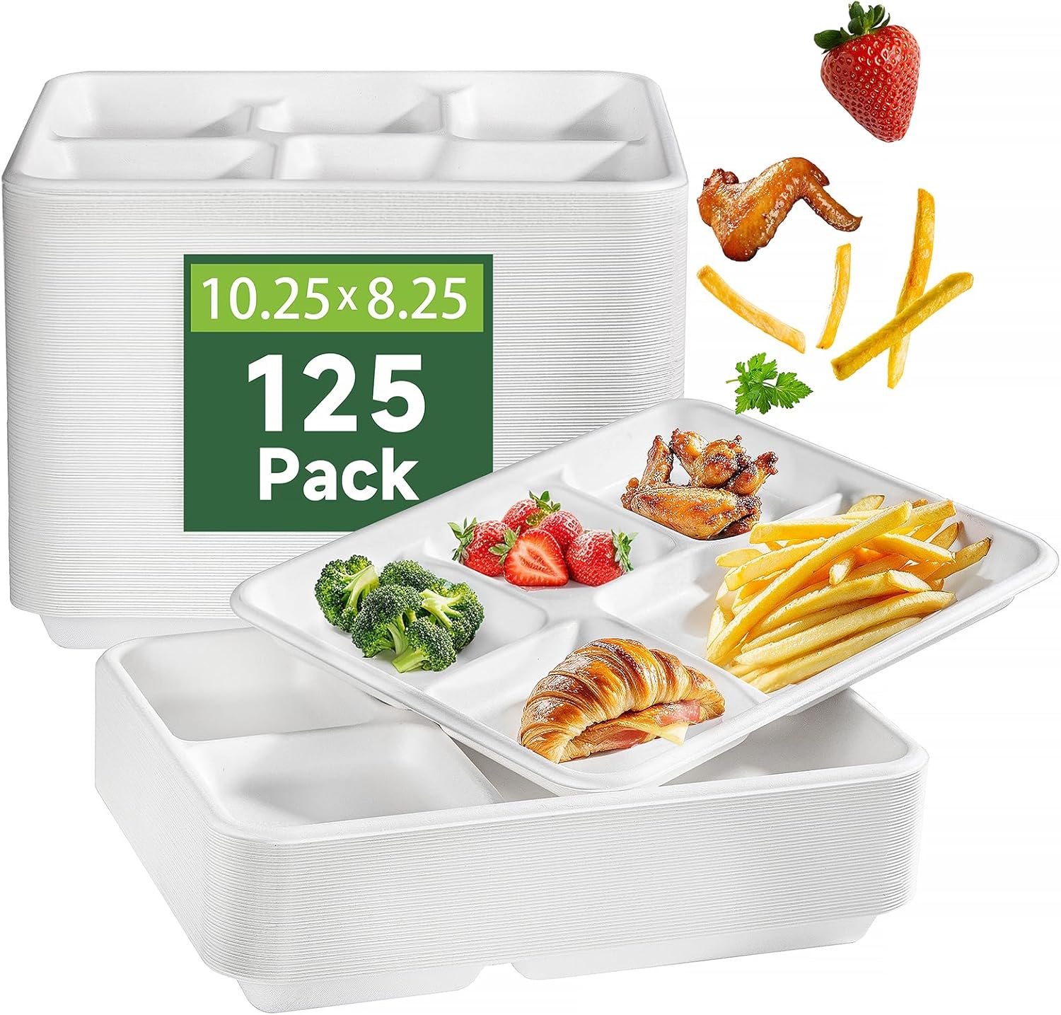 WELLIFE 125 Pack Kids Small 5-Compartment Paper Plates, 10.25x8.25 Inch 100% Compostable Divided Plates, Disposable School Lunch Trays, Eco-Friendly Bagasse Plate for Boys Girls and Youth (BPA Free)