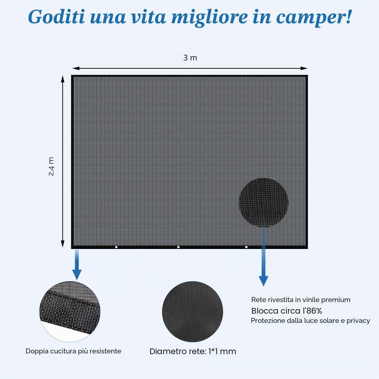 Tenda parasole per camper e roulotte, 2,5 x 3,5 m, rete nera anti-UV, protezione solare e dal vento, ombra e privacy