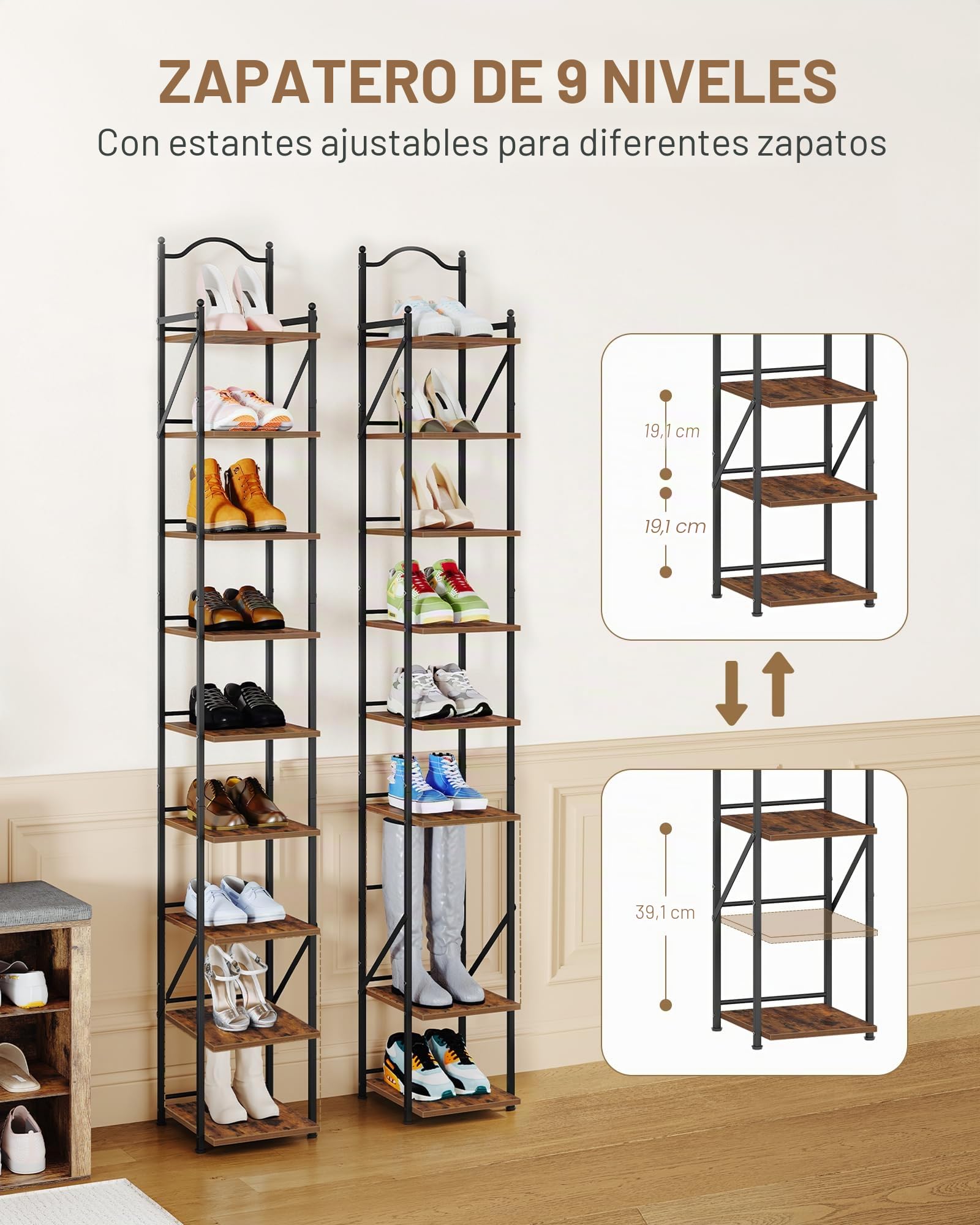 Hzuaneri Zapatero Vertical, 9 Niveles, 2 Modos Ajustables, Ahorra Espacio | Zapatero Estrecho, 26,5 x 27,5 x 185 cm, Zapatero Organizador para Entrada, Pasillo, Sala de Estar, Marrón Rústico, SR28901B