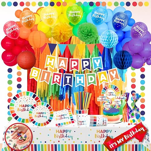 489 Pieces Happy Birthday Decorations Kit, All-in-1 Festive Party Decor Supplies Package for Boys and Girls With Rainbow Balloon Arch Kit, Banner, Plates & Cups for 25 Guests - Multicolor