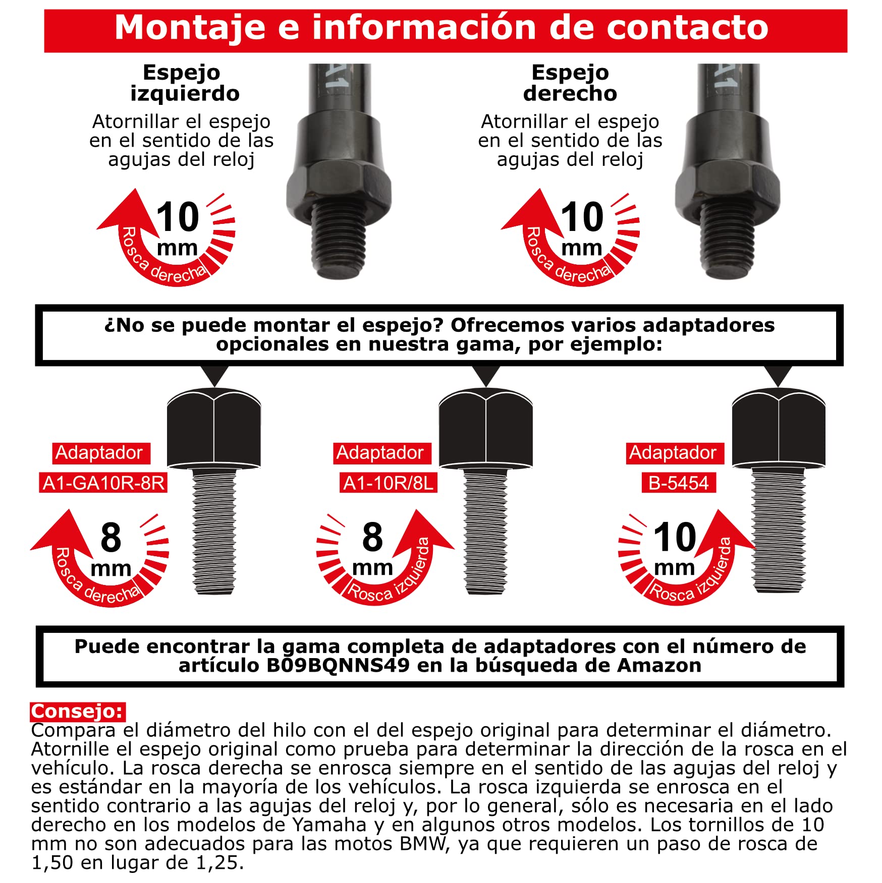 Area1 Espejos Retrovisores Moto Universal Homologado, Rojo, Par de Espejo Moto (2xM10 Rosca derecha) compatible con Aprila