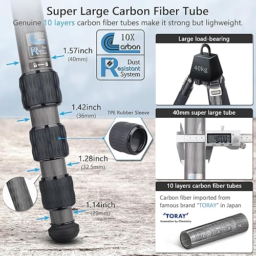 Miniatura 6 de Trípode de fibra de carbono para cámara resistente con cabezal de bola de perfil bajo de 2.126 in XB54, 10 capas de fibra de carbono de 1.57