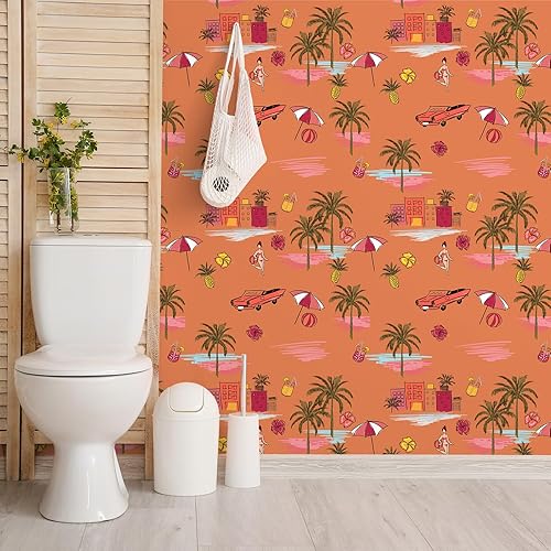 Miniatura 3 de VEELIKE Papel tapiz dibujado a mano, diseño de isla y playa, despegar y pegar, color naranja, paisaje, palmeras, papel tapiz autoadhesivo de 17.7 x