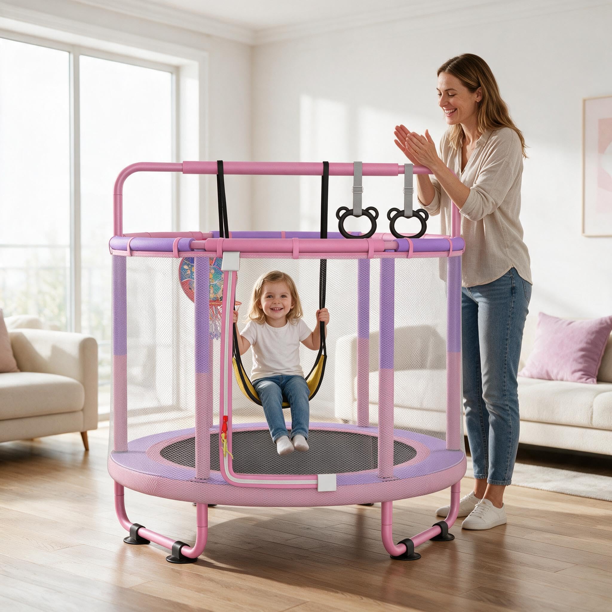 CZCPAPY Trampolino per Bambini, Trampolino per Bambini da Esterno, per Interni ed Esterni, con Rete di Sicurezza, Cestino, Pali, Altalene, Regalo per Bambini (rosa-viola)